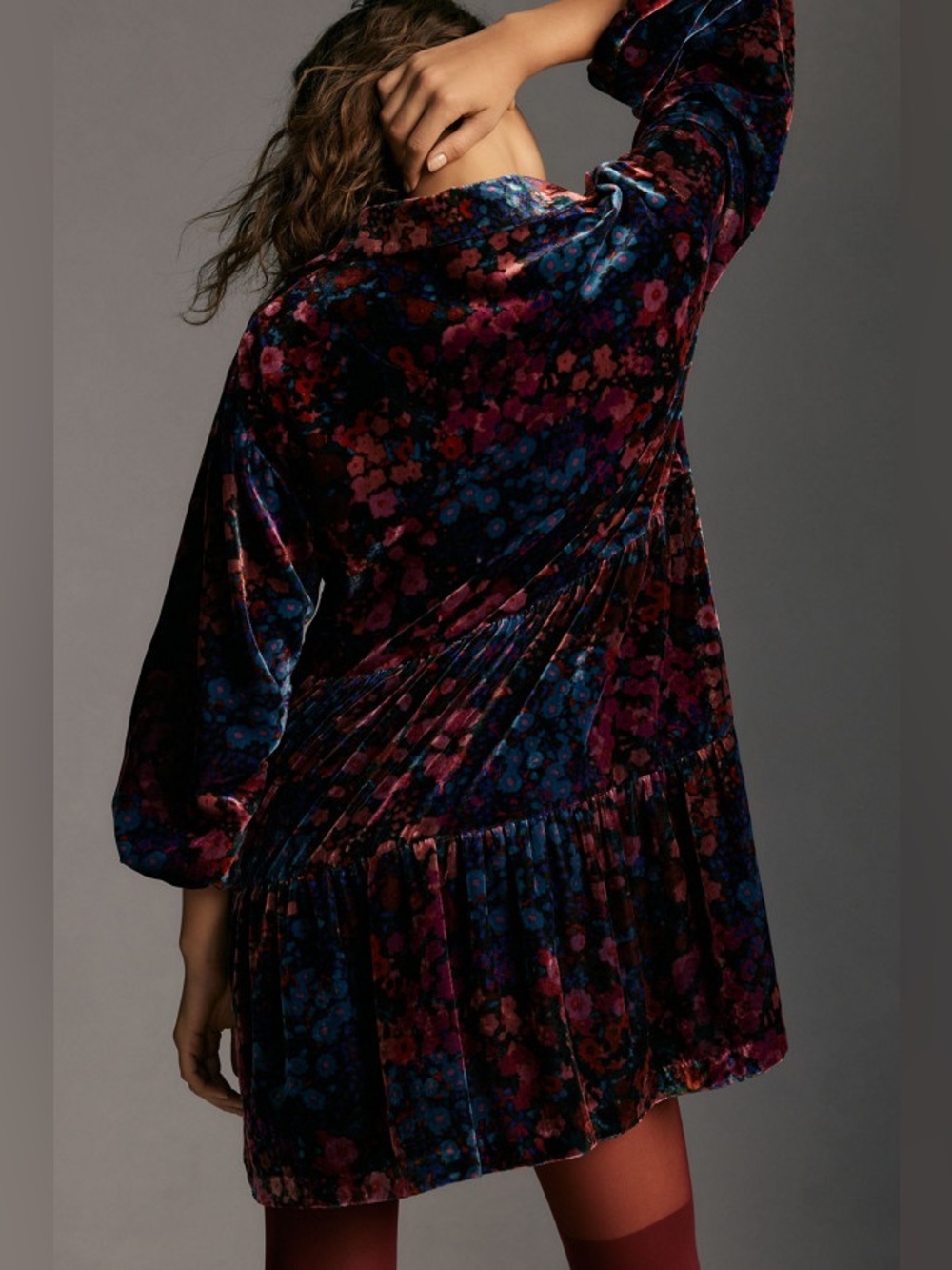 Anthropologie Maeve Velvet Floral Tiered Mini Shirt Dress Boho Cottagecore XS - Picture 2 of 15